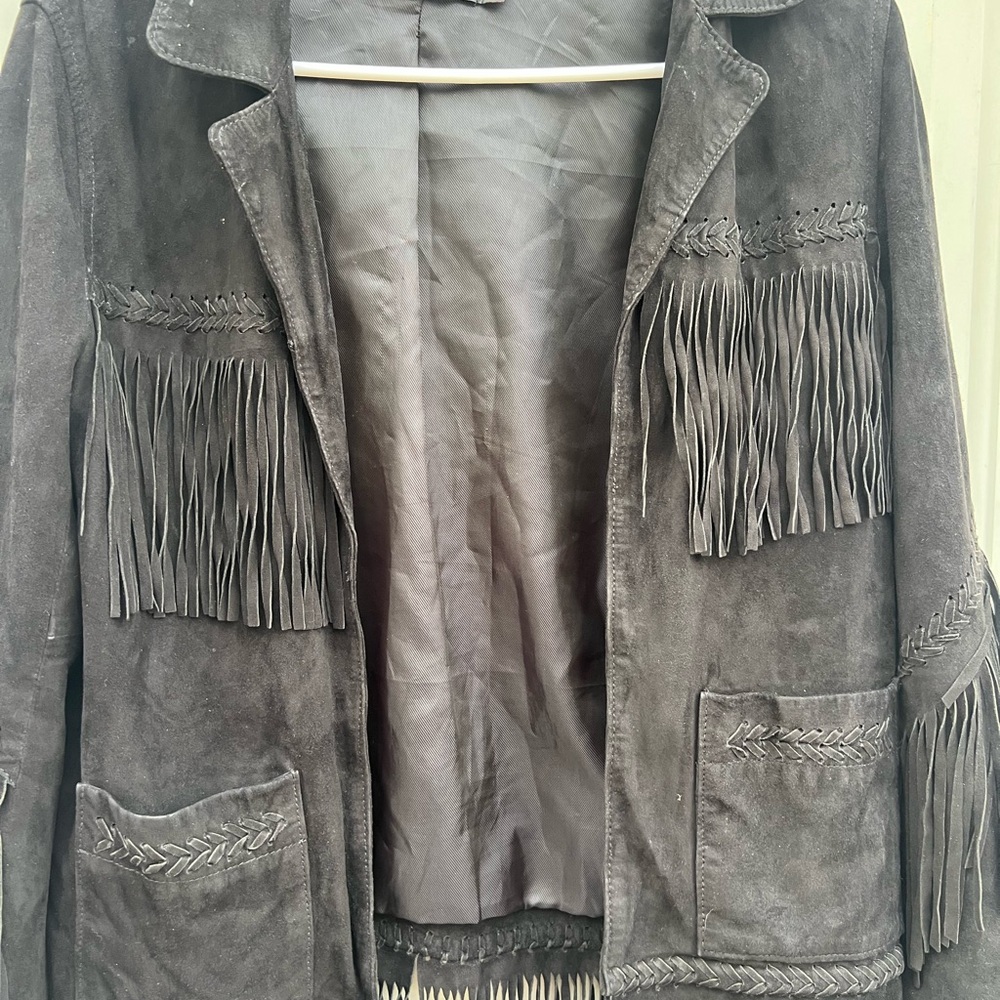 Topshop Black Leather Fringe Jacket